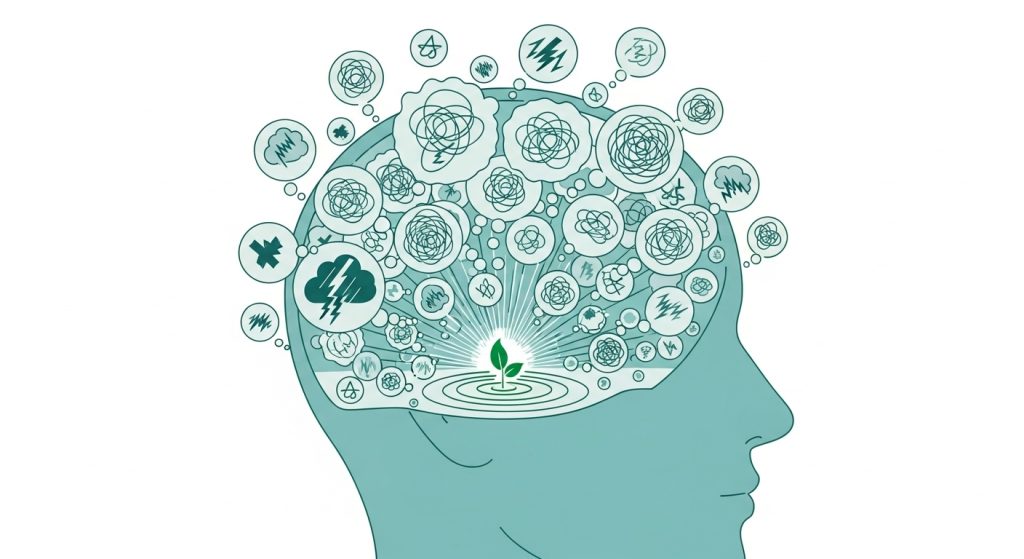 자신의 스트레스와 불안을 인식하고 멘탈 상태를 진단하는 직장인의 모습 일러스트.