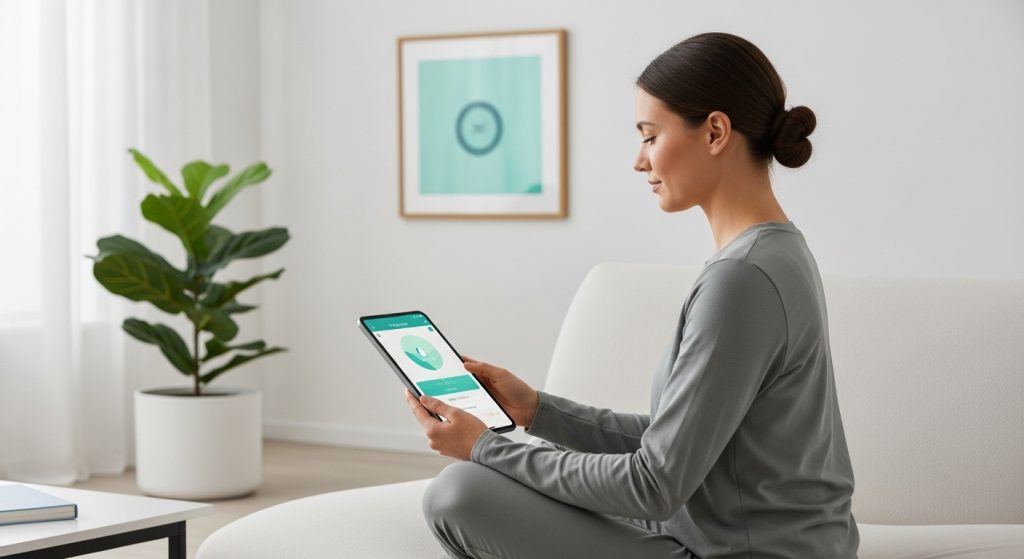 명상 앱을 사용하며 평화롭게 멘탈을 관리하는 직장인.